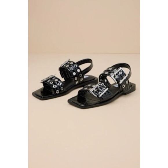 Steve Madden Sandria Black Patent Studded Buckle Slingback Sandals - Picture 1 of 4